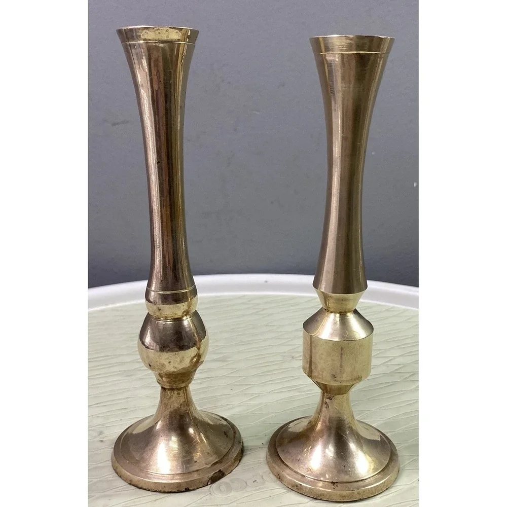 2 Vintage Handmade&Hand Engraved Gold CandleSticks Made Of Brass 6 3/4